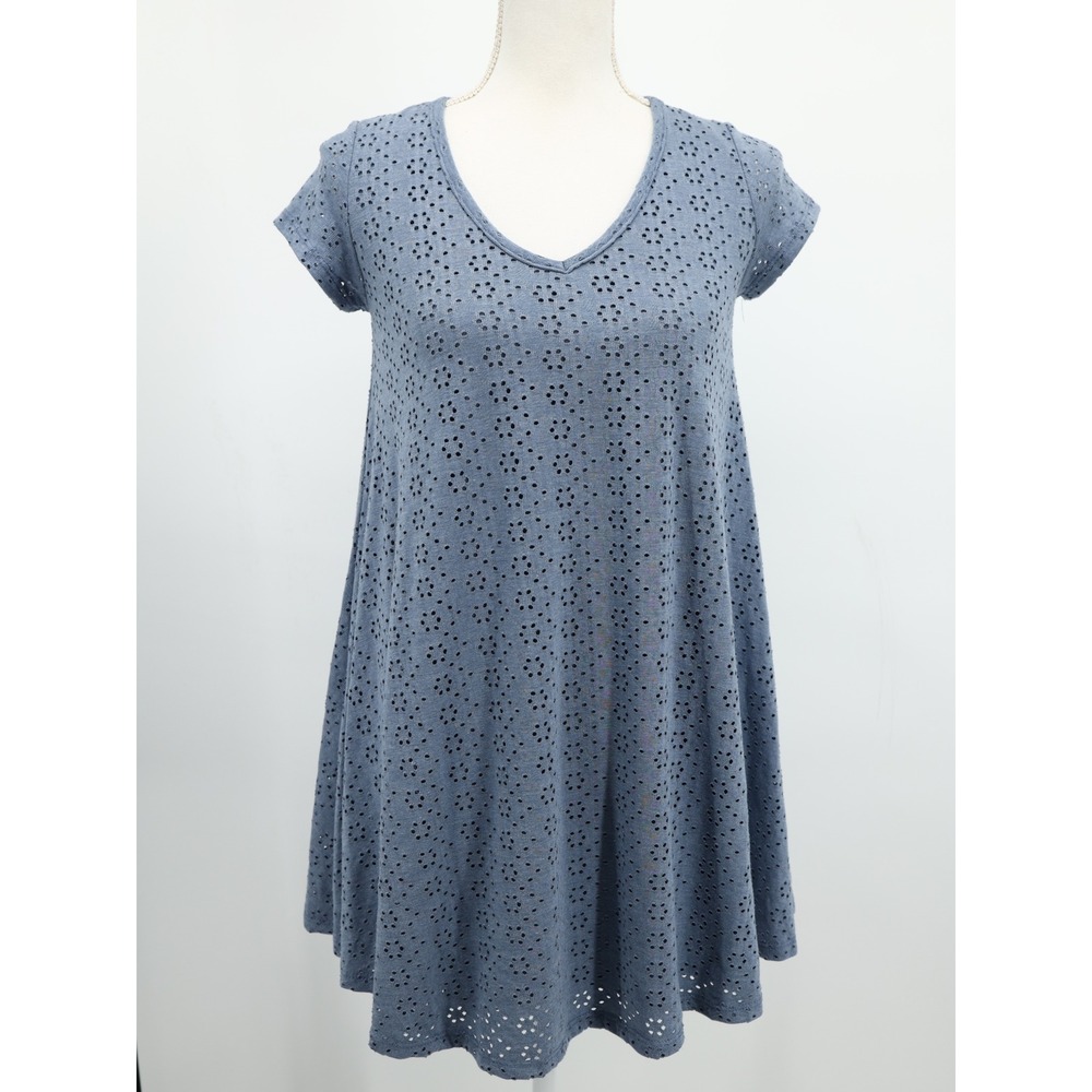See You Monday Blue Eyelet Dress V Neck Swing‎ Mini Lined Size M NWT